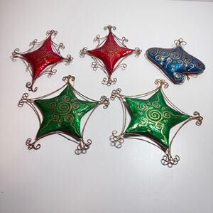 Christmas Decor Capiz Star Ornament 5 Pieces Gold Spirals Swirls Red Green Blue